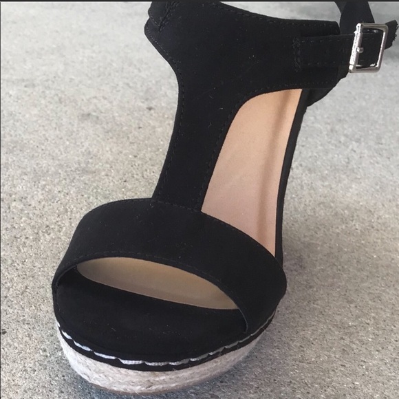 Black Micro Suede T-strap Espadrille Wedge - Picture 2 of 3